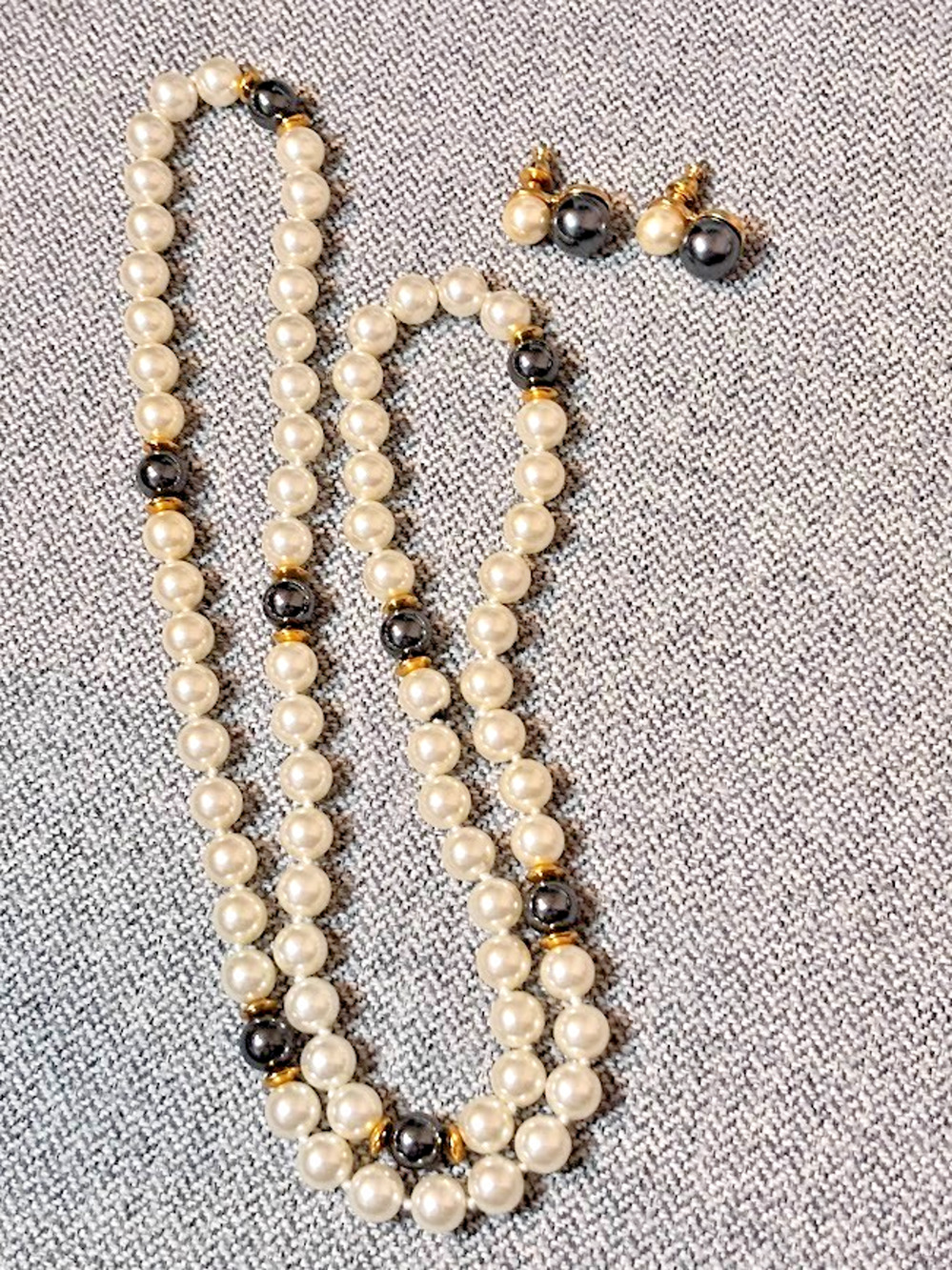 Vintage Faux Pearl Hematite Endless Necklace 26" & Stud Earrings Set Gold Tone
